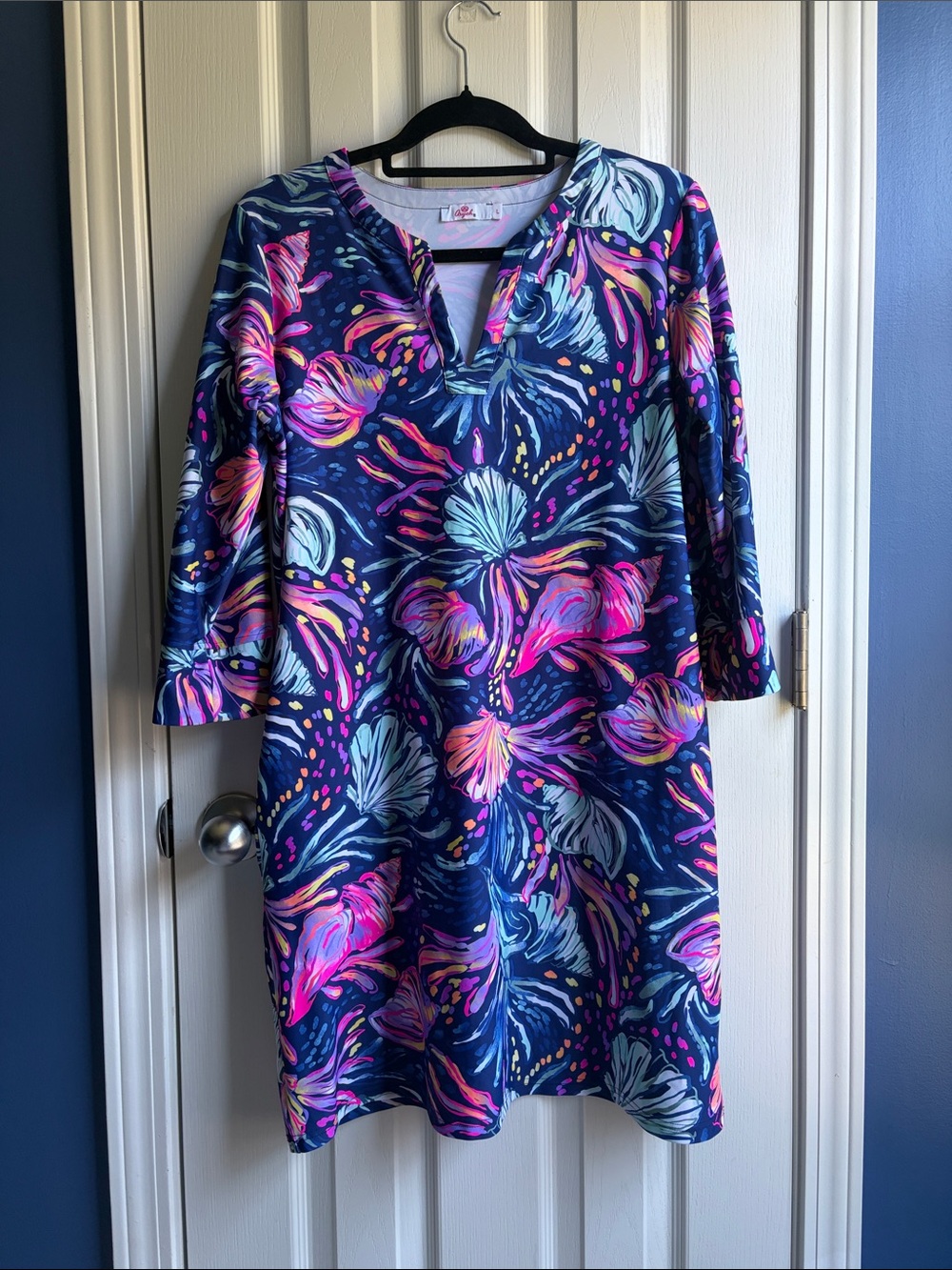 Aryeh Tropical Coastal Seashell Shift Dress Large Navy Summer Beach Resortwear